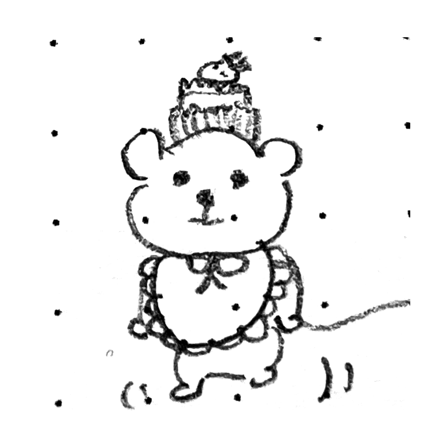 Cupcake, a small hand-drawn bear wearing a cupcake hat and a frilly collar, holding a gentle string
